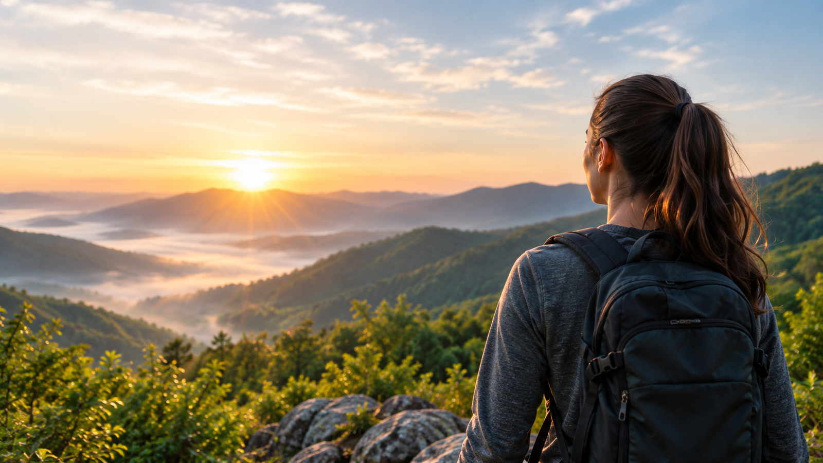Woman overlooking a mountain sunrise
