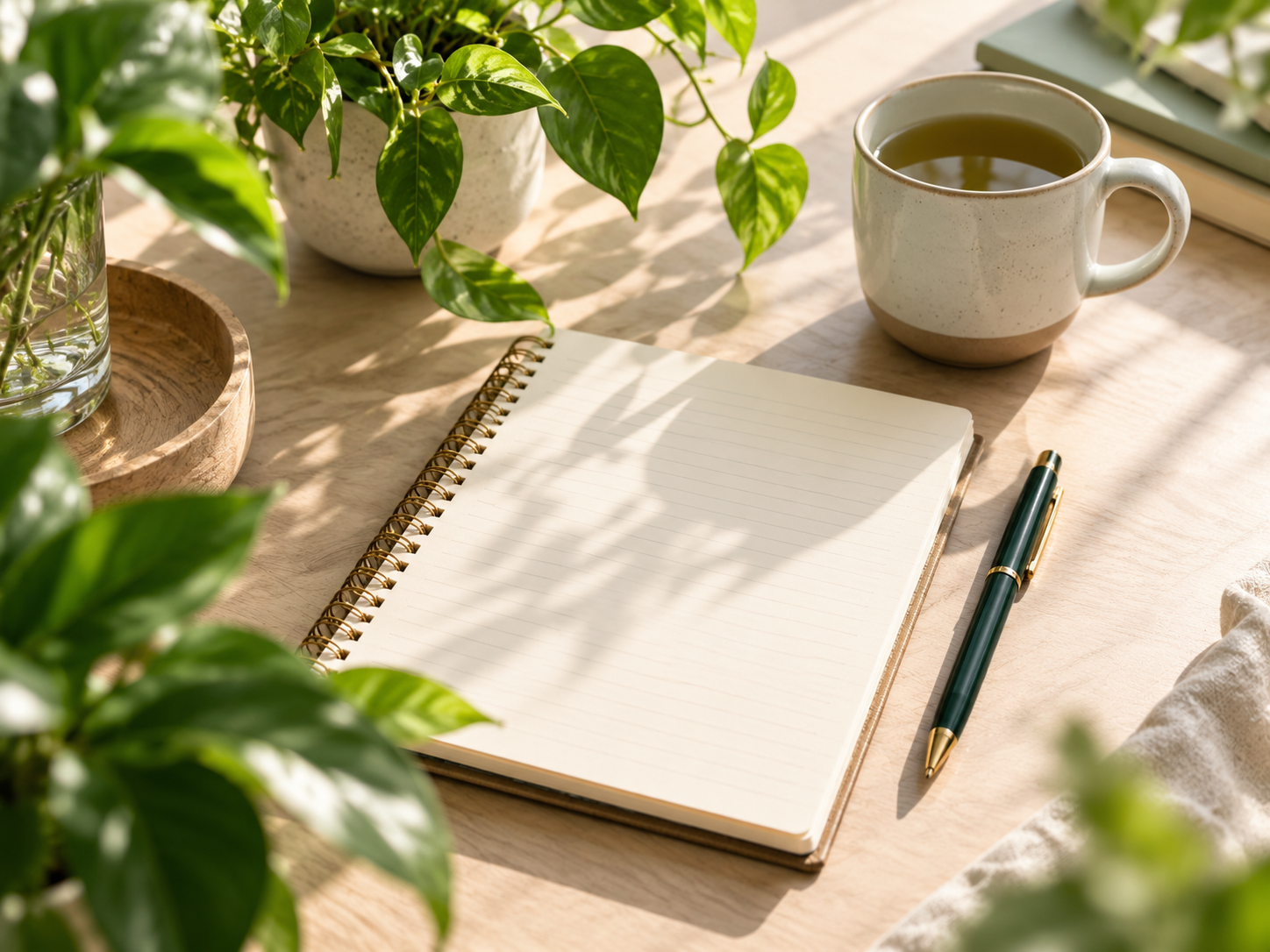 Calm plant-filled workspace with notebook and tea